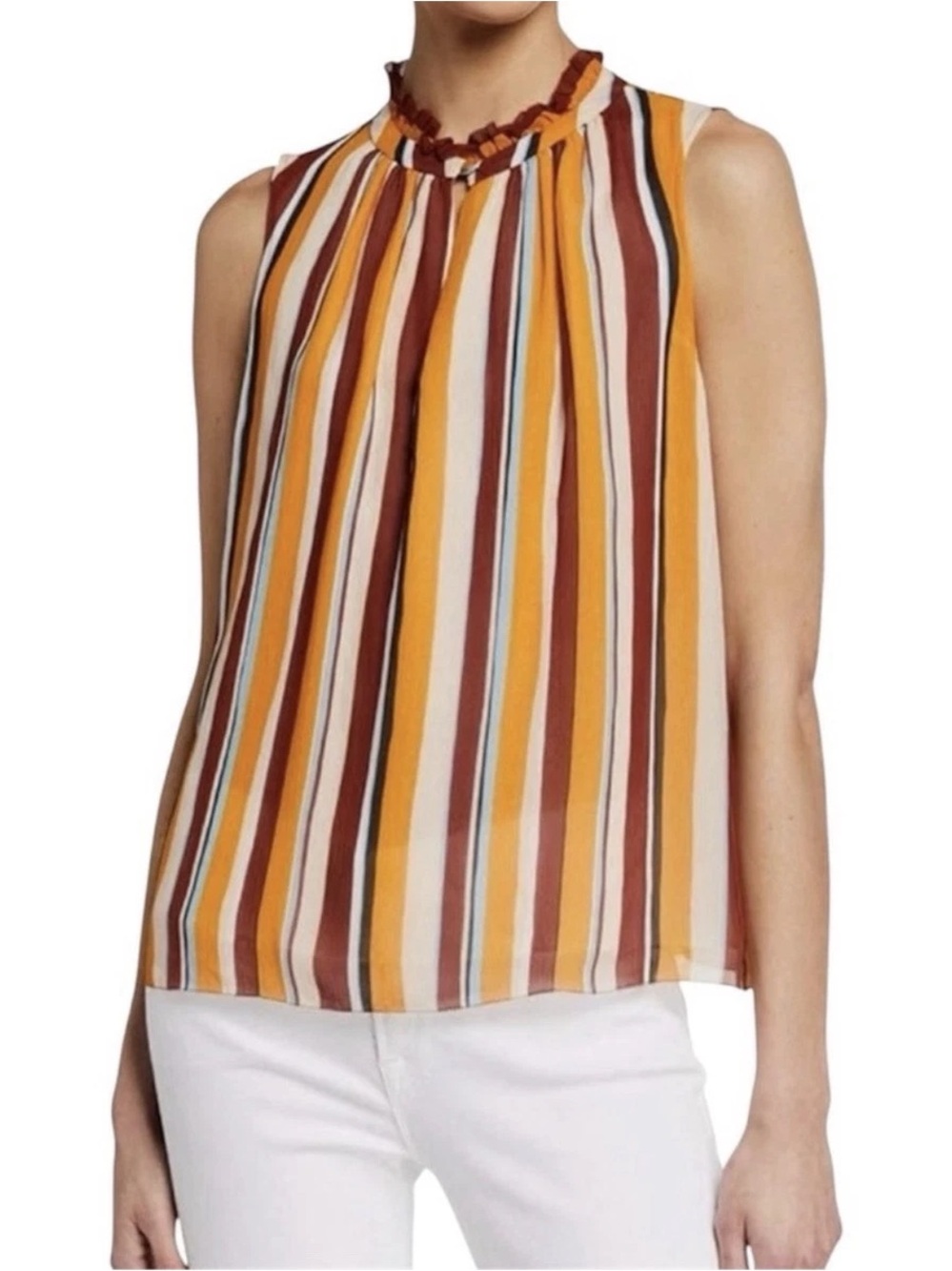 Frame Silk Striped Ruffle-Neck Camisole - Mustard, Brown, Cream, Light Blue